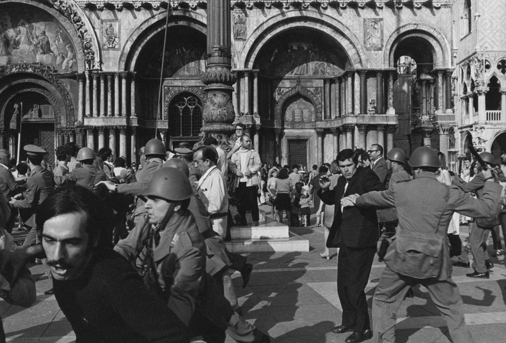 Artists and students arrested by the police in front of Saint Mark’s Basilica during the demonstrations at the opening of the 34th Biennale of Venice