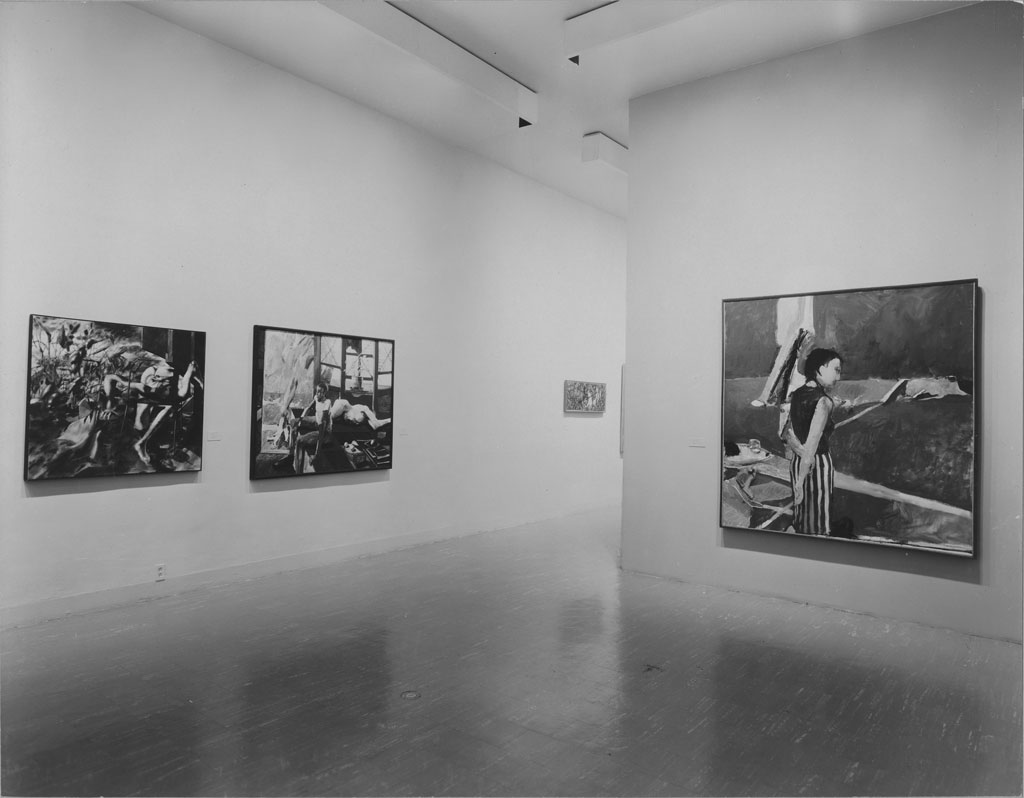 Archival photo of the exhibition New Images of Man, including James McGarrell painting, at MoMA