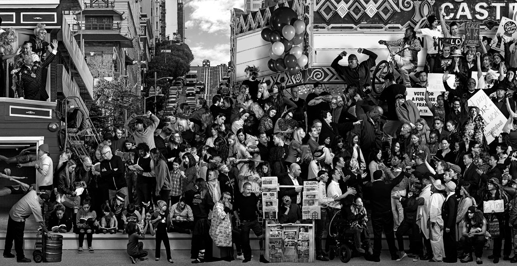 Photographic collage capturing the people, streets, buildings, and other scenes in the city of San Francisco