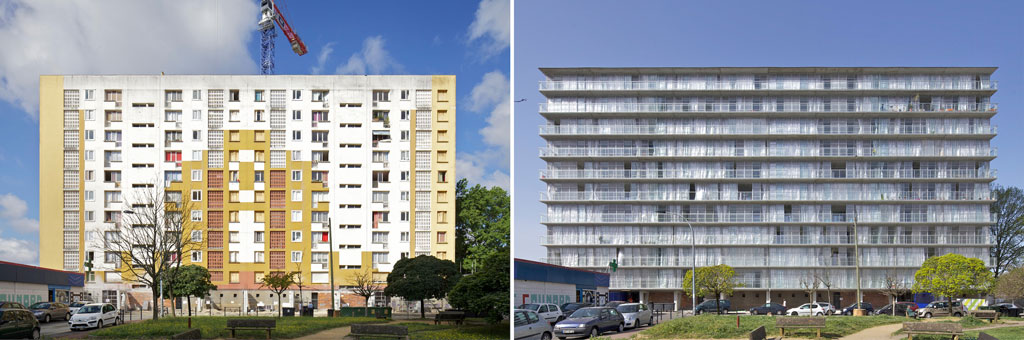 Side-by-side photographs of the Cite du Grand Parc showing the architectural renovation, including new wrap-around balconies