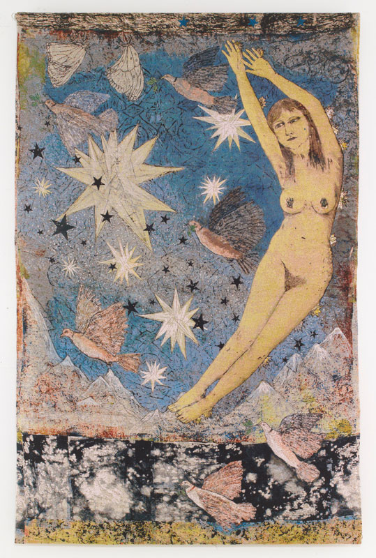 Image of the work Sky, which features a floating nude woman, mountains, stars, birds, and butterflies