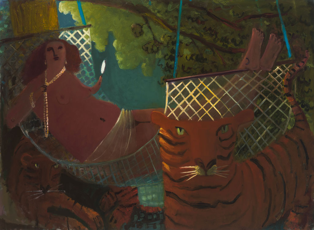 Painting featuring a nude woman with jewelry reclining in a hammock with two tigers below