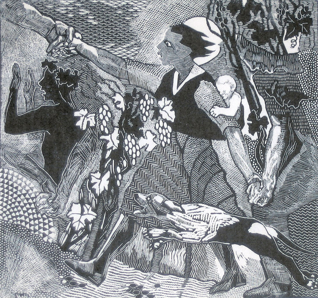 A complicated engraving featuring figures holding hands and running uphill through a vineyards A dog runs alongside one figure that has a baby on its back. Throughout are myriad patterns and textures