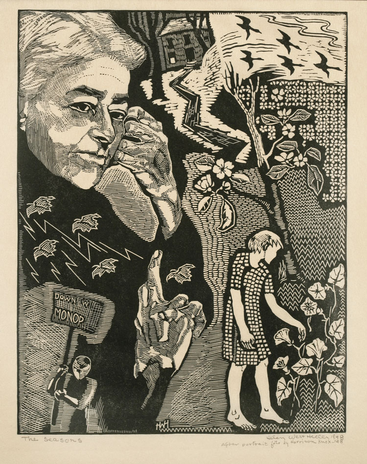 A complicated engraving showing the artist in the foreground with various scenes surrounding her including a house in the snow, a flock of birds in the sky, flowering trees and bushes, and an activist with a sign that reads down w monop