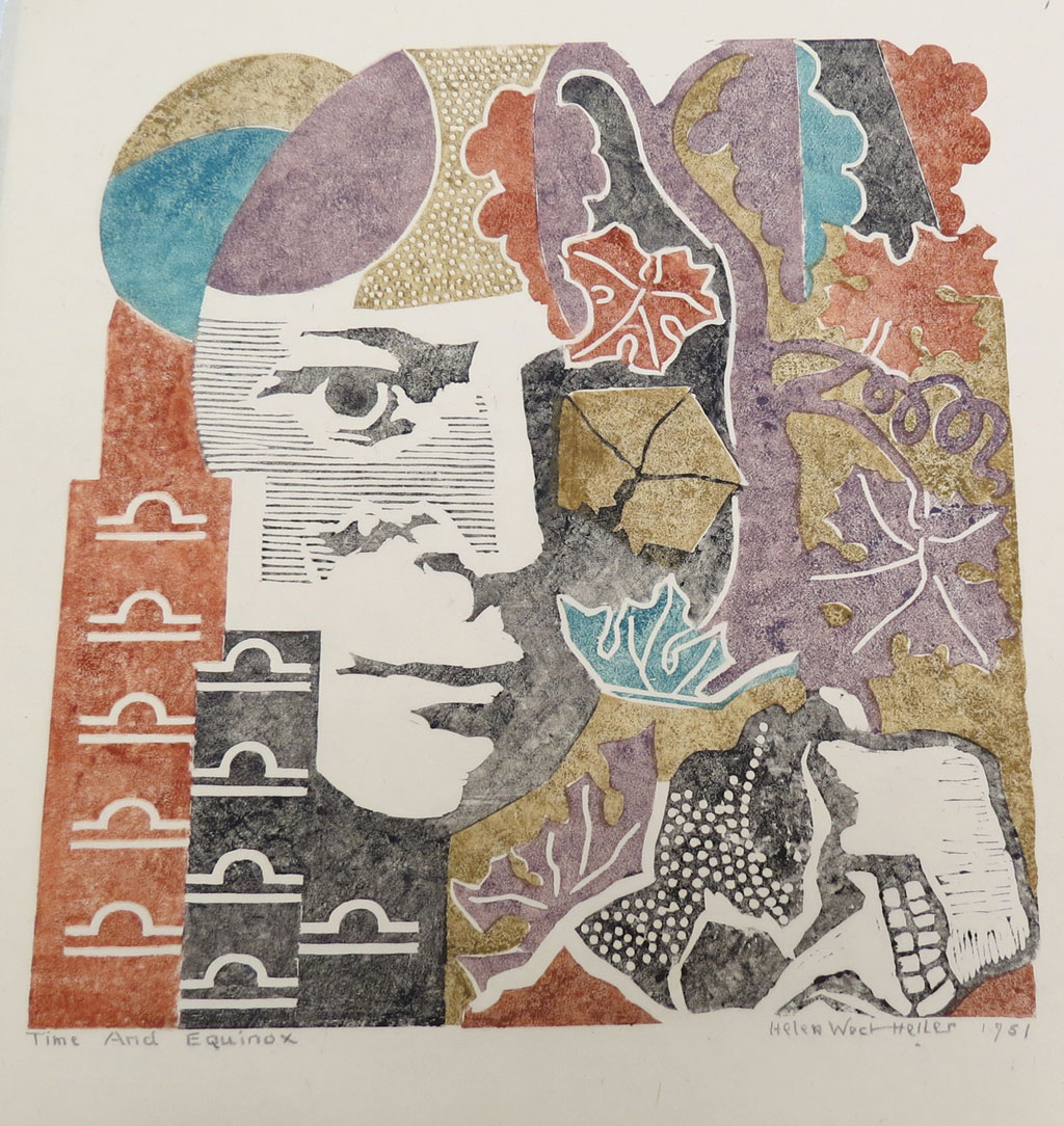 A vivid 4-color woodblock with a human face, skull, leaves and vines, and repeating Libra symbols