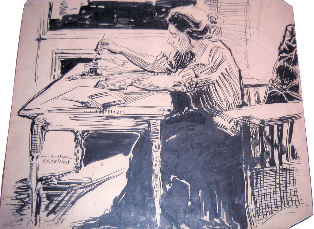 A sitting woman dips a pen in a bottle of ink, preparing to draw