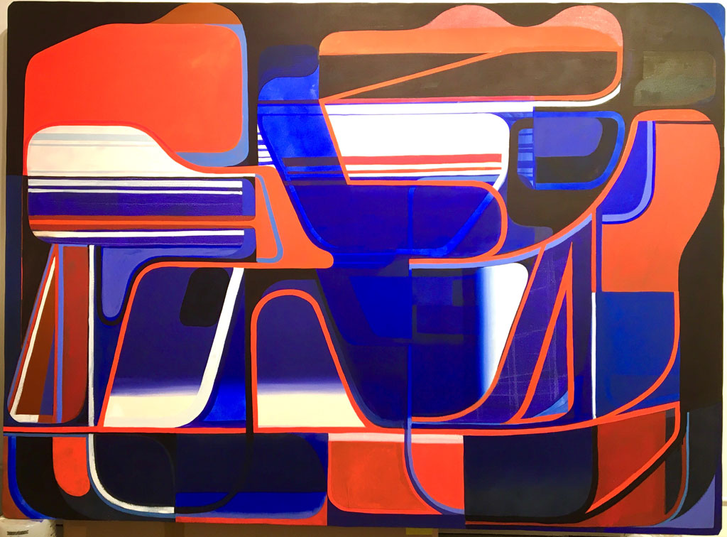 An abstract painting by Tom Buckhardt featuring the red and blue color scheme