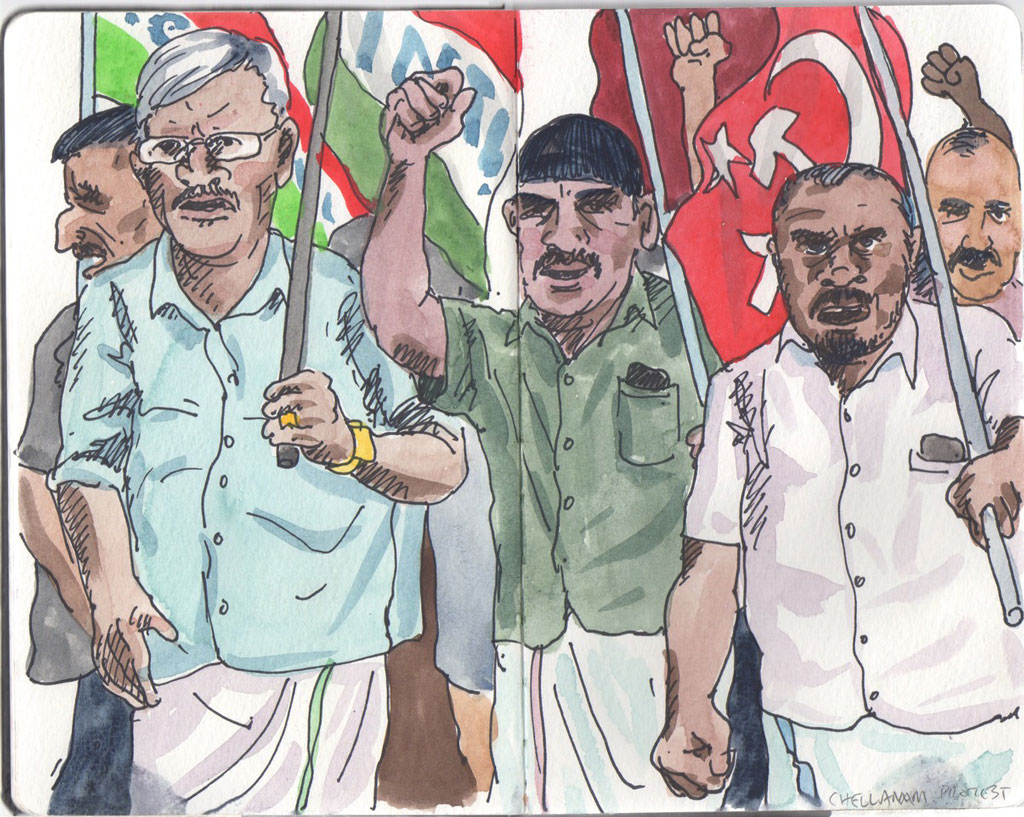A sketch by Tom Burckhardt showing a group of men with raised fists shout and cheer. Some carry the Indian National Trade Union Congress flag; others the Communist party flag