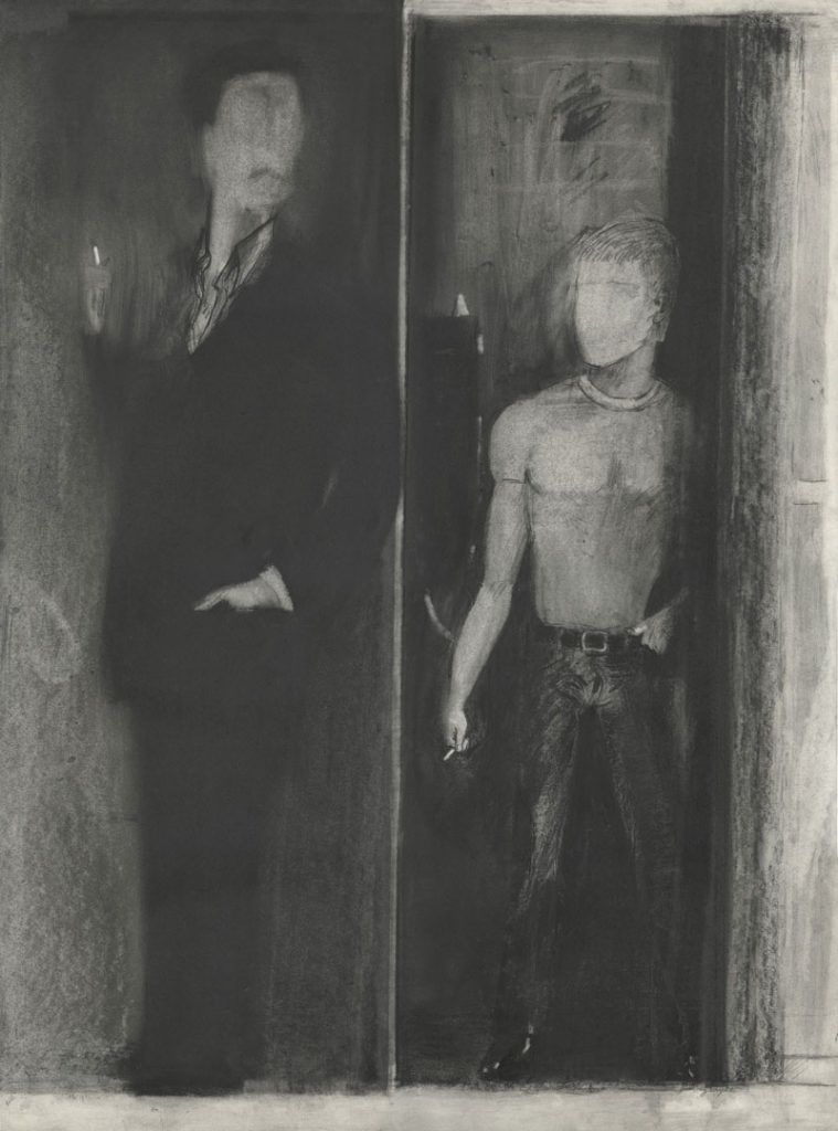 A moody, black-and-white drawing of two men smoking cigarettes outside and observing each other.  One man wears a suit, while the other, standing in an alley or doorway, wears jeans and a tight t-shirt that reveals his well-defined chest and arm muscles. The details of their faces are foggy.