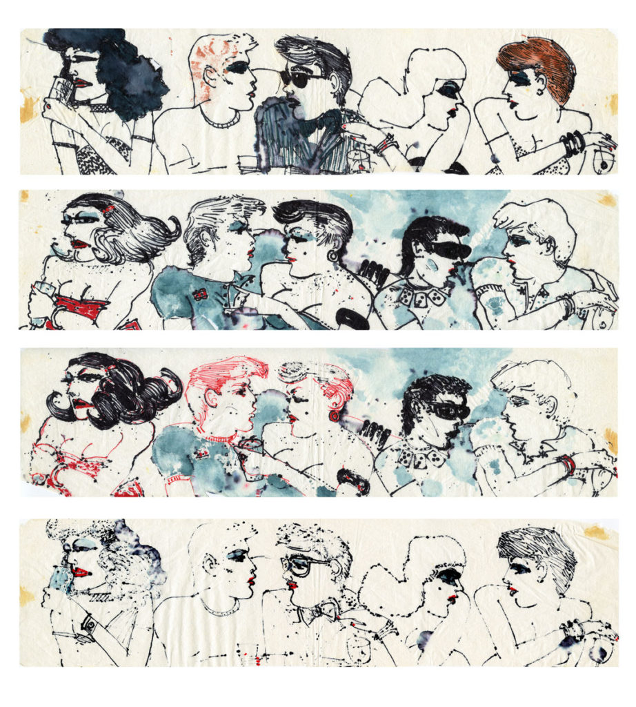 A series of drawings by Jimmy Wright showing the patrons of Max’s Kansas City. The crowd drinks, chats, and observes each other. Each of the four frames in the series varies, with aspects like makeup, hair color, clothing, and facial expression changing slightly in each frame.