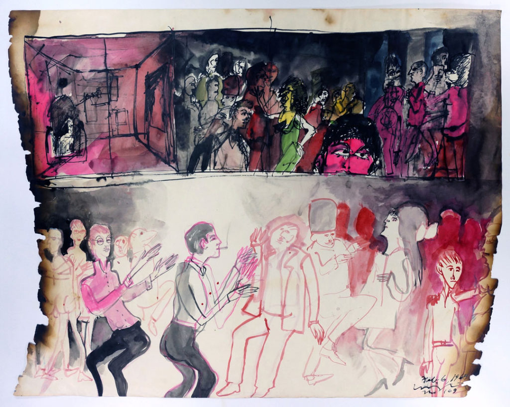 A colorful drawing of the 169 nightclub.  The drawing is split into three scenes.  First, what appears to be an empty entrance.  Second, people dressed in a variety of colors, crowded into a dark room.  And, finally, the largest of the three images shows the crowd dancing on the dance floor.  The edges of the drawing have been burned or water damaged.