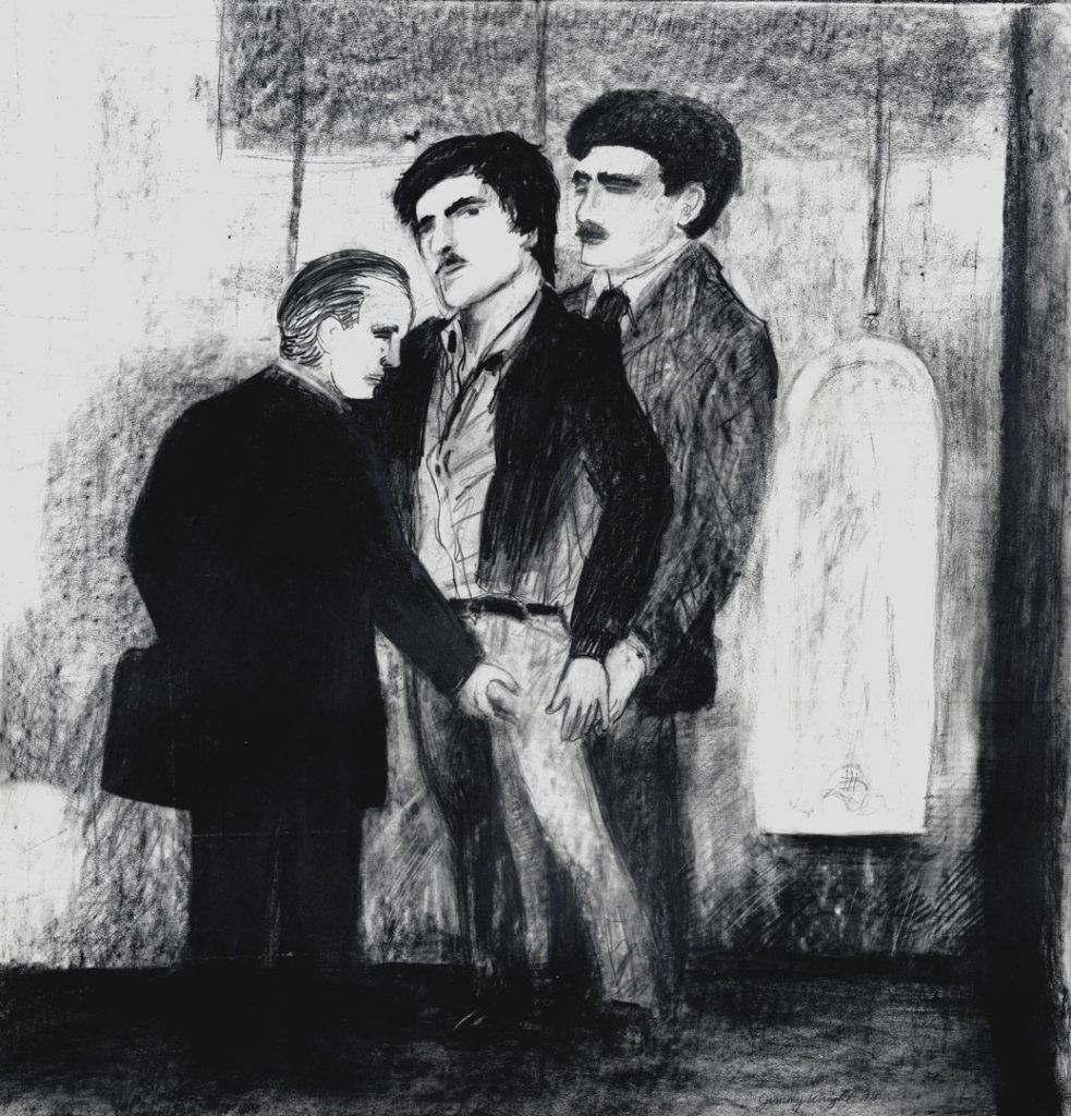 An intimate, black-and-white drawing of three men in a public bathroom by Jimmy Wright.  One man stands at the back, pressing against the backside of the man in the center and holding his hand.  In front of them, an older man wearing a suit and carrying a briefcase grabs the man in the center’s crotch.