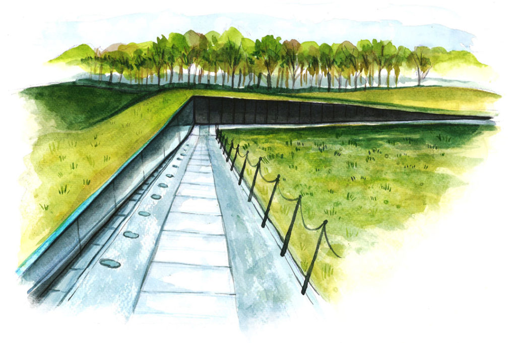 An illustration of the Vietnam Veterans Memorial, designed by Maya Lin. This peaceful view shows the walkway approaching the wall of names.