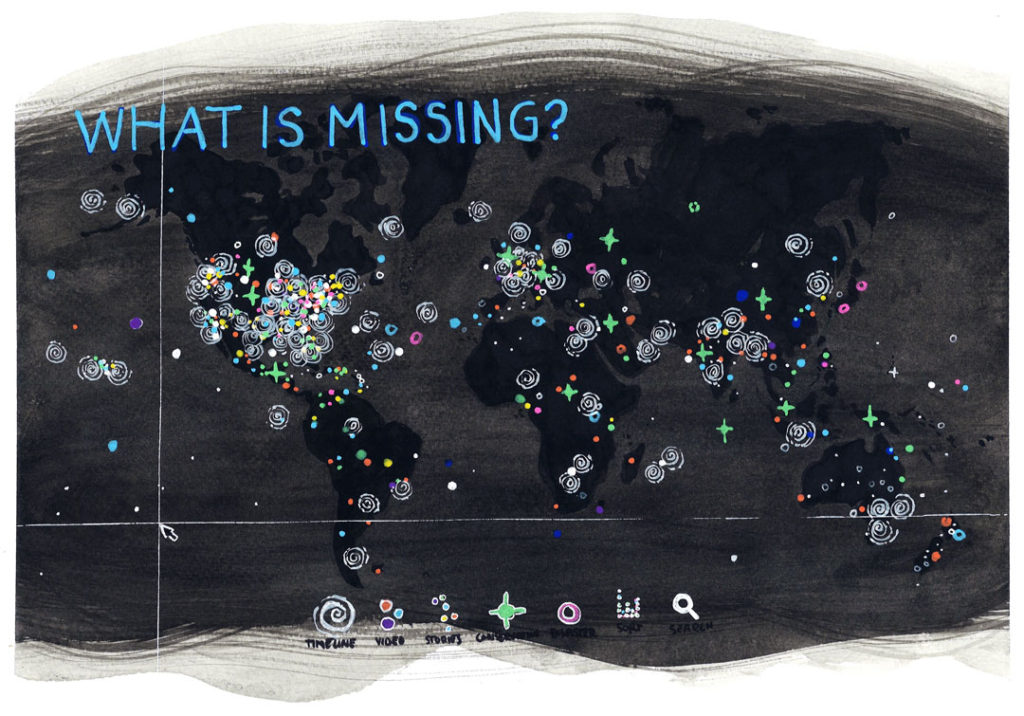 An illustration of the What Is Missing? website by Maya Lin. It shows a dark map of the world with bright multicolored spots that indicate a native species that has become endangered or extinct.