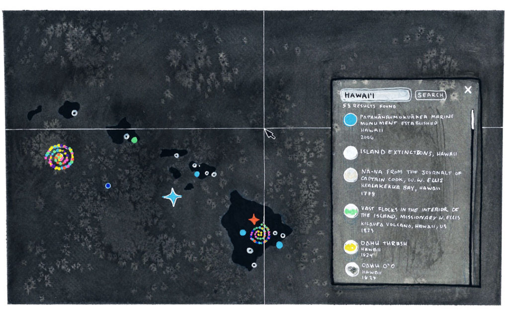 An illustration of the What Is Missing? website, Maya Lin’s final memorial. It shows a dark map of the world with bright multicolored spots that indicate a native species that has become endangered or extinct.