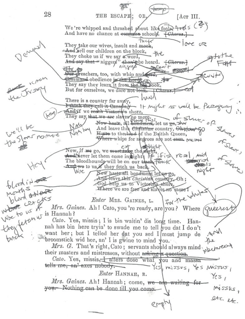 A photograph of a page from Act 3 of the play The Escape by Pope.L. Handwriting dominates the printed words, with various deletions, additions, and notes.