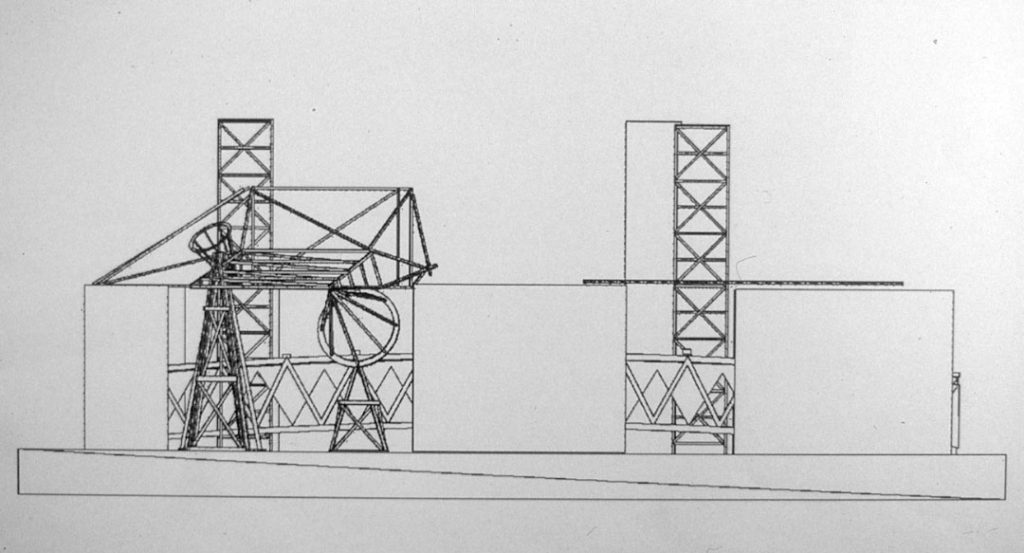 An architectural drawing by Claire Weisz and Mark Yoes from Beg Borrow Steal.  We see a simple representation of short buildings, a connecting interior bridge, and scaffolding that rise in towers, as an open roof, and in cone shapes.