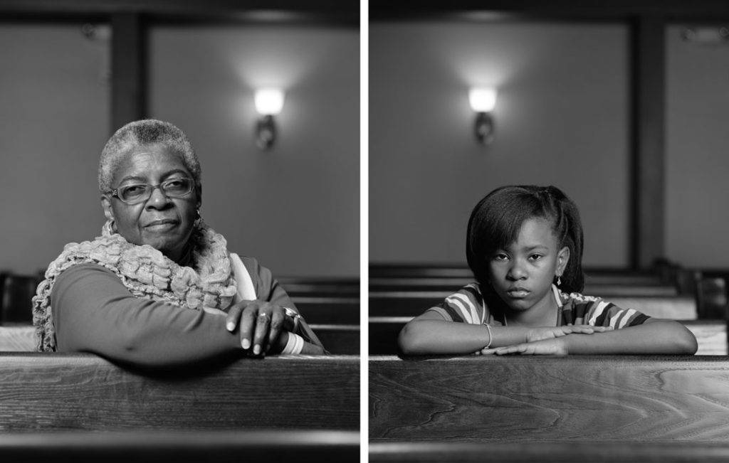 Two black and white portraits by Dawoud Bey presented side by side. On the left, an older Black woman, on the right, a young girl. Both sit in church pews and look at the camera head-on with strong, steady, unshakeable expressions.