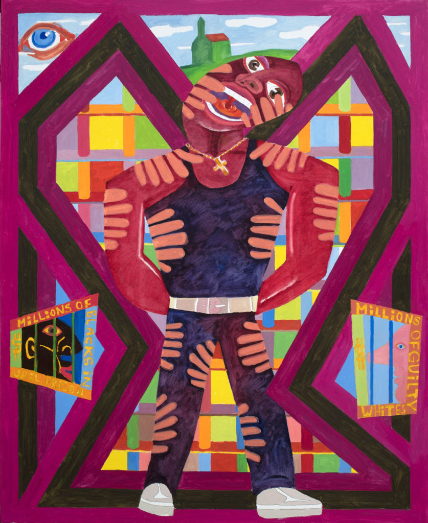 The painting the Arrest of George Floyd.  A purple and black geometric shape frames a standing Black man covered with various lighter colored hands all over his body.  His own hands are bound behind him and he looks straight out at the viewer with his mouth wide open, calling out.  Behind him is a multicolored grid resembling jail cells.  A single watching blue eye floats in the upper left corner.  At center is the silhouette of a country church.  Toward the bottom are two jail cells, one with a Black man and the words, “$ millions of blacks in jail, prison,” and the other with a white man that reads, “$ millions of guilty whites.”