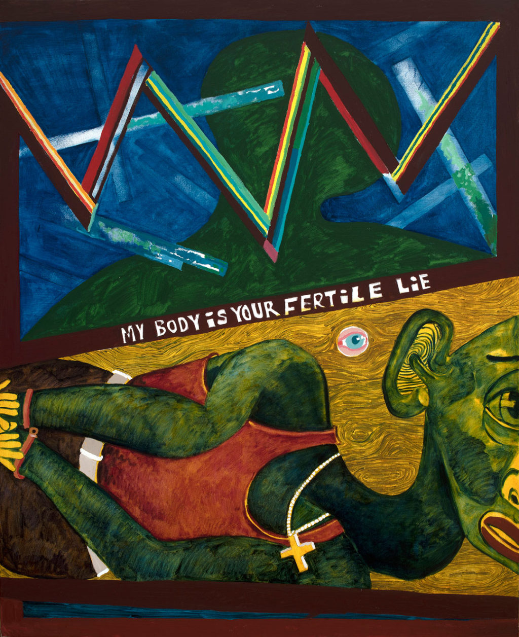 The painting The Death of George Floyd by Peter Williams. The painting is divided in half by a brown outline of a mountain range or crown with the words, “my body is your fertile lie.” Behind this shape in the upper half of the painting is an abstract silhouette of a green head on a blue background with different colored rectangles cascading around the body. Below this is George Floyd. His hands are held in cuffs and he looks out beyond the canvas with an expression of sadness. Behind him, suspended within a wood grain texture is a single blue eye.The painting The Death of George Floyd by Peter Williams. The painting is divided in half by a brown outline of a mountain range or crown with the words, “my body is your fertile lie.” Behind this shape in the upper half of the painting is an abstract silhouette of a green head on a blue background with different colored rectangles cascading around the body. Below this is George Floyd. His hands are held in cuffs and he looks out beyond the canvas with an expression of sadness. Behind him, suspended within a wood grain texture is a single blue eye.