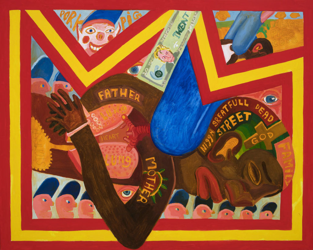 The painting the Death of George Floyd by Peter Williams.  Within the red and yellow outline of a mountain or crown, a Black man lies face down with an expression of pain.  His hands are bound behind him and a bright blue knee presses down on his neck.  Shown within his body is a cross and organs including stomach, lungs, and heart.  Words naming these parts are visible, as well the words father, mother, nigga, greatful, street, dead, God, and family.  Around George Floyd’s body are single, watching blue eyes; rows of identical white men with blue eyes and blue hats, and a twenty dollar bill adorned with a colored image of Andrew Jackson.  Above this scene are two smaller scenes.  In the upper right, George Floyd is held down on the ground by a knee.  The outline of watching eyes and the words police, pigs, and cops appear in the air.  In the center, the face of a grinning pig-man wearing a blue hat appears besides the words pork and pig.