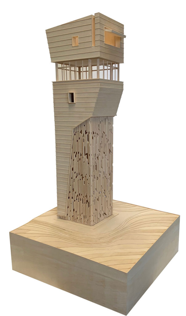 A wooden model of Keenan TowerHouse.