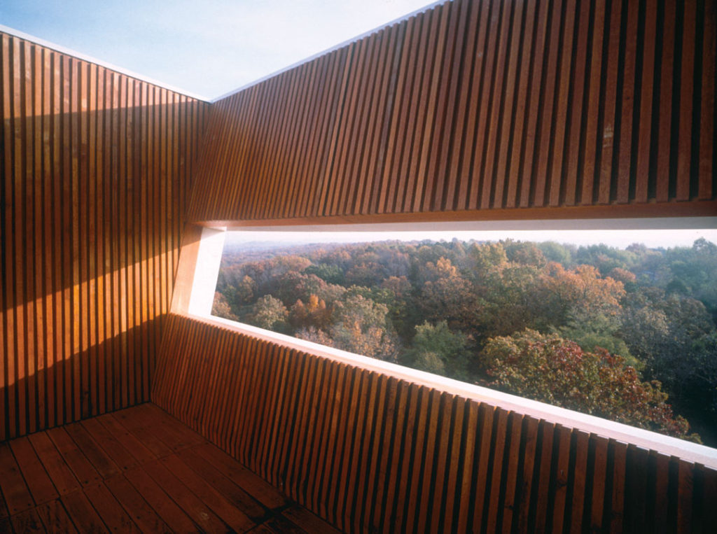A photograph of the Skydeck of Keenan TowerHouse, designed by architect Marlon Blackwell. A rectangular cutout offers us an open air, birds eye view of the surrounding forests.