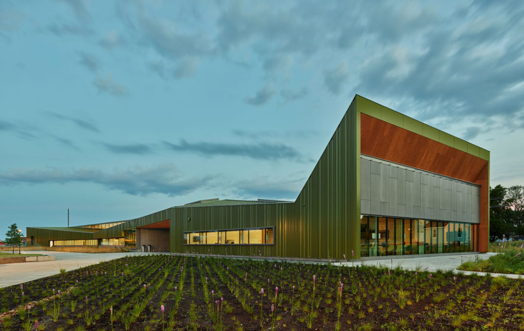 The Reels building at Thaden School, designed by Marlon Blackwell Architects.  We see the building’s rolling design and how it rises from the landscape to reach toward the sky.