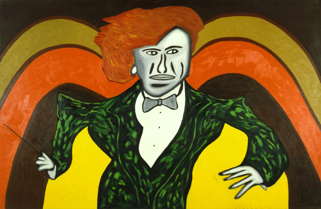 This painting by Rafael Ferrer shows the conductor of an orchestra in mid action, looking intently to the right of the frame.  The conductor wears a bright green suit and bow tie and has flowing red hair.  In the background are bold arches of different colors.