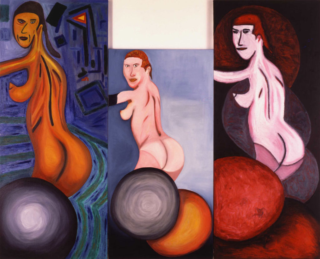 A painting made by Rafael Ferrer.  Each of the three sections features a naked woman on an abstract background who looks over her shoulder at the viewer.