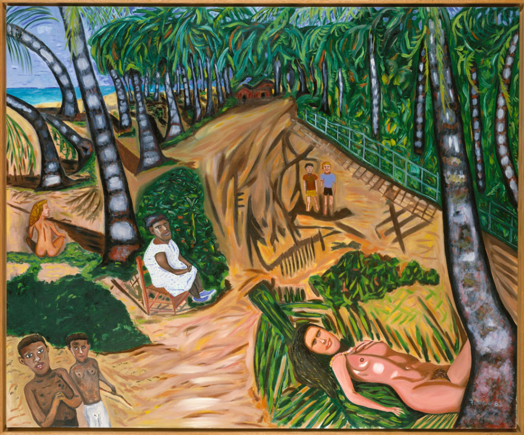 A painting by Rafael Ferrer that shows a road through a jungle leading to a house or building.  Different people appear along the road: an older woman sitting in a chair; two shirtless young boys, one with hands clasped and raised, the other holding a stick or bow; naked, lounging women, and two young men further on the path.