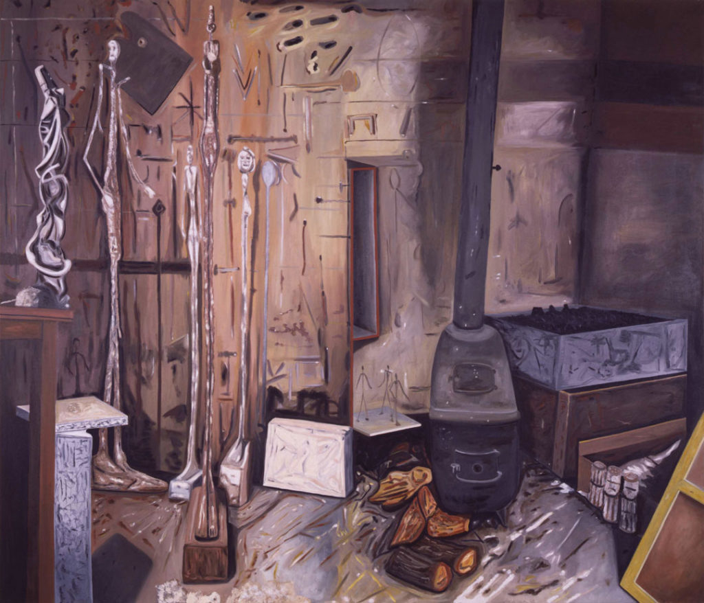 This landscape painting shows the interior of a room in gray and brown wintry tones.  The room has a cast iron stove and figures or sculptures of many sizes, all with extremely long legs.