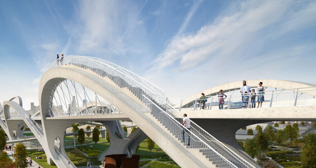 A rendering of the new Sixth Street Viaduct, looking from Boyle Heights toward Downtown Los Angeles, with green park space beneath. The design features repeating arches with staircases rising up to and above the primary roadway. 