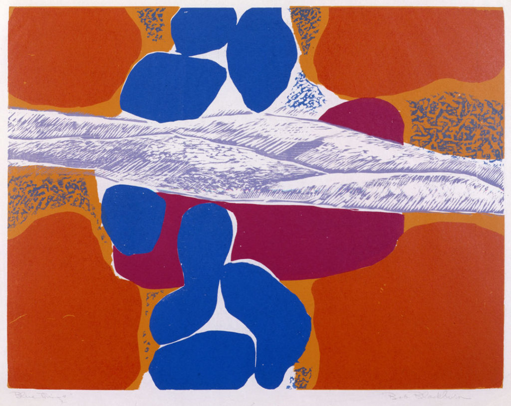 A photo of the woodcut print Blue Things by Robert Blackburn. Exemplifying Blackburn’s bold use of color and texture, the abstract print includes shades of orange, cobalt blue, and magenta. The print is signed at the bottom in pencil.