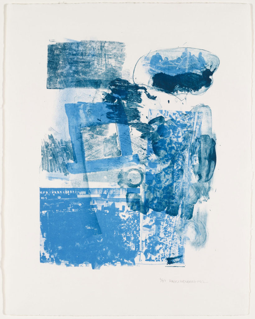 Photo of the lithograph Stunt Man 1 by Robert Rauschenberg. The print is an abstract collage that includes photographic elements, including an image of people in a boat at the top right. Rauschenberg used cerulean blue and dark blue ink on white paper. The lithograph is signed and dated in pencil at the lower right.