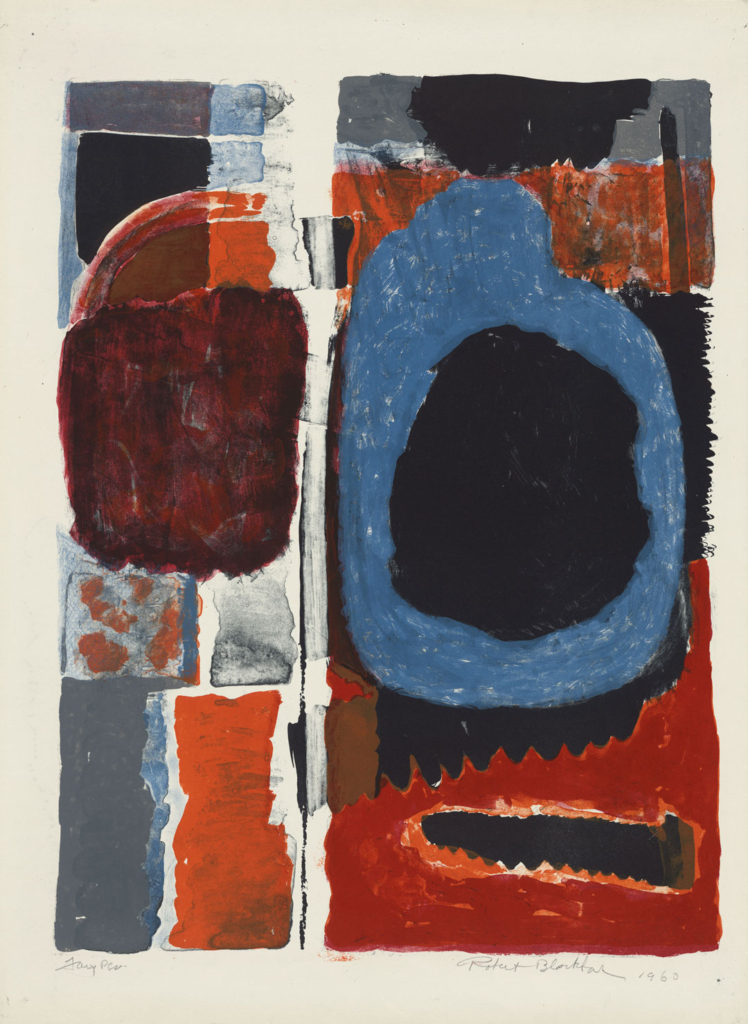 A photo of the color lithograph Faux Pas (aka Unfinished Note) by Robert Blackburn. The abstract print features layers of color, including blue, gray, and reddish orange. A vertical white stripe divides the image, a reference to Robert Rauschenberg’s Accident. The print is signed and dated in pencil at the bottom.