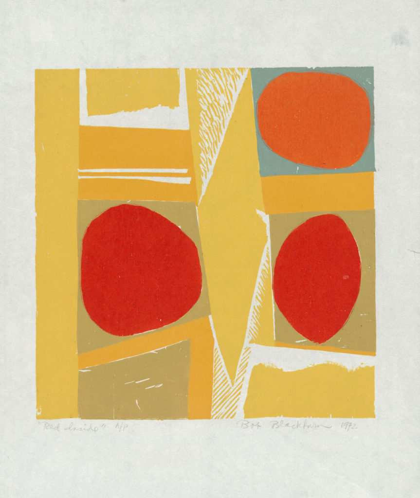 A photo of the woodcut print Red Inside by Robert Blackburn. The bold abstract print features red and orange ovals on a mustard yellow and teal background. The print is signed and dated in pencil at the bottom.