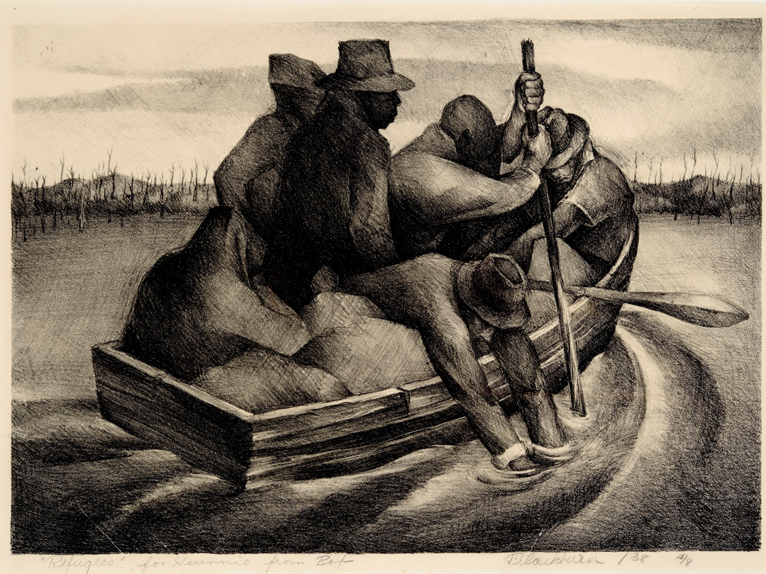 A photo of the lithograph Refugees (aka People in a Boat) by Robert Blackburn. The print depicts six Black people huddled together in a small rowboat. The boat is moving through a body of water, and in the distance behind it, bare trees and rolling hills are visible. Two of the figures are holding paddles and another is reaching into the water. The lithograph is printed on cream paper and is signed in pencil at the bottom.